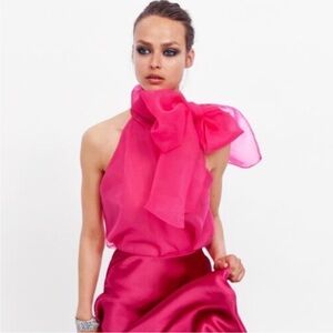 Zara organza sheer dramatic bow tie halter top S XS